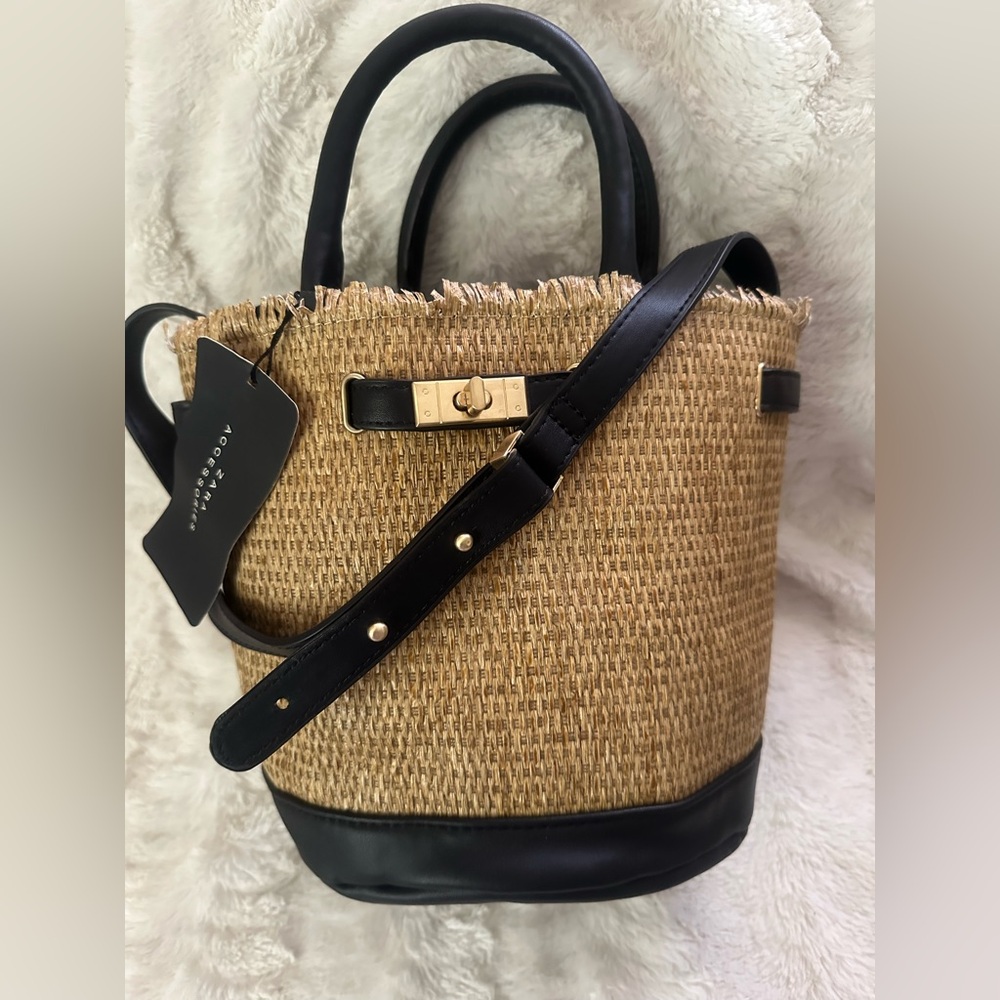 ZARA Rafia Straw Bucket Shoulder Bag Black and Tan Woven Tote Bag NWT